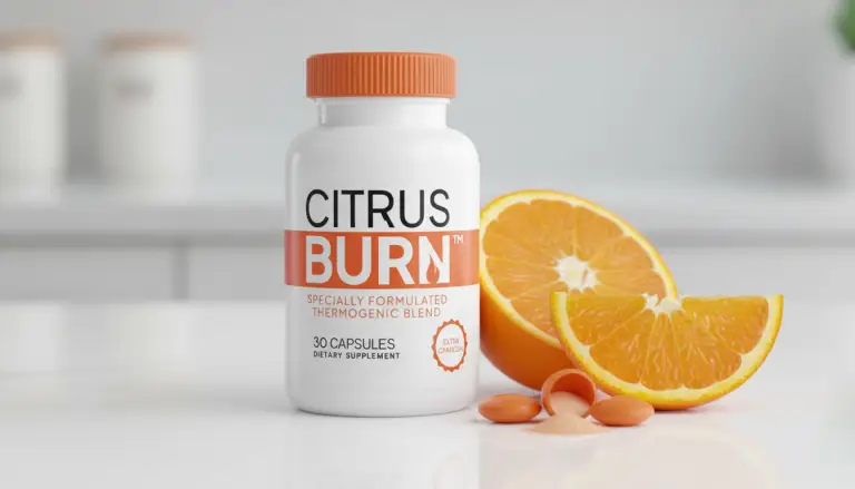 Citrus Burn thermogenic supplement bottle with fresh orange slices showcasing natural citrus-based weight loss formula