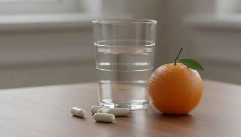 Citrus Burn capsules next to glass of water and fresh orange illustrating how to take the supplement daily