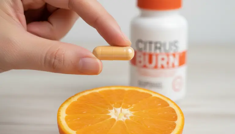 Close-up of Citrus Burn capsule for weight loss with supplement bottle and fresh orange in background