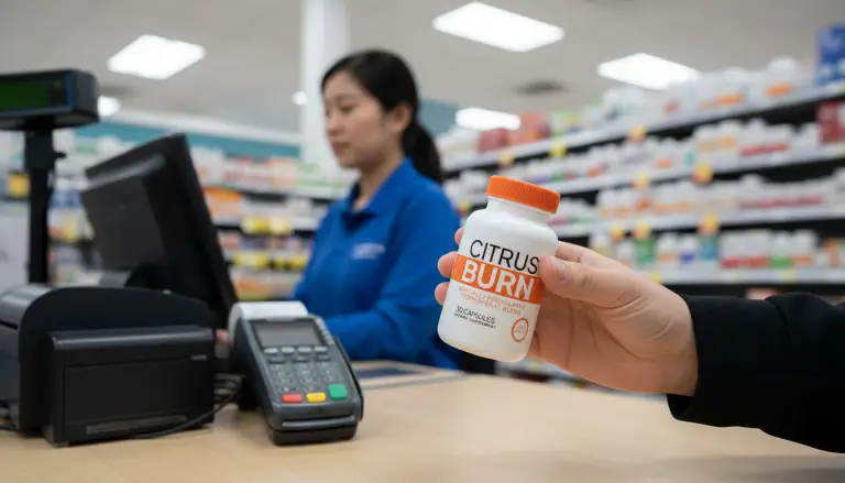 Customer purchasing Citrus Burn weight loss supplement in store pharmacy checkout counter