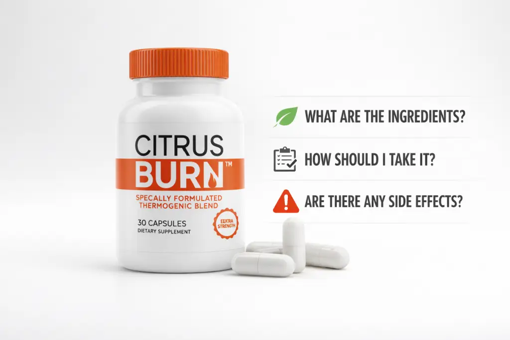 Citrus Burn review graphic showing ingredients, dosage instructions and potential side effects of the supplement