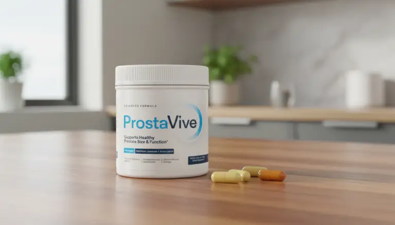ProstaVive supplement jar with capsules on wooden table – natural prostate health support formula for urinary and male wellness