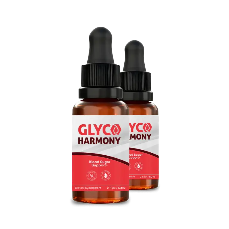 Two amber dropper bottles of Glyco Harmony blood sugar support dietary supplement on a white background